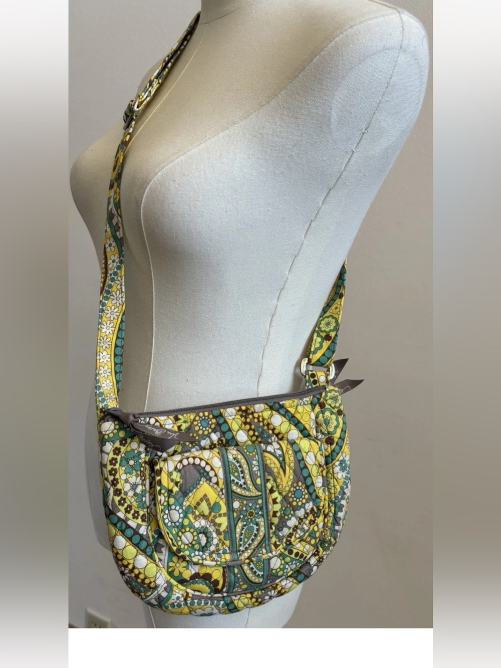 Vera Bradley Yellow Green Paisley Quilted Crossbody Bag Boho Cotton Purse